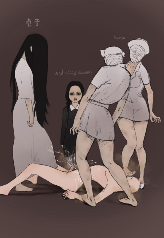 bubble head nurse+nurse (silent hill)+wednesday addams+yamamura sadako