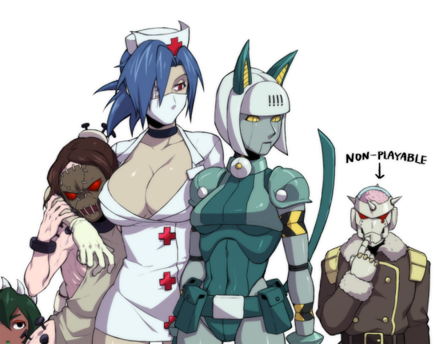 brain drain (skullgirls)+fukua (skullgirls)+painwheel (skullgirls)+robo-fortune+valentine (skullgirls)